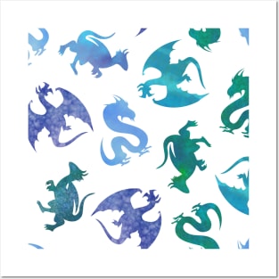 Jewel Tone Fantasy Dragon Silhouette on White Posters and Art